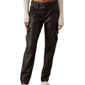 American Eagle High Waisted Vegan Leather Straight Cargo Pants Brown Size 14